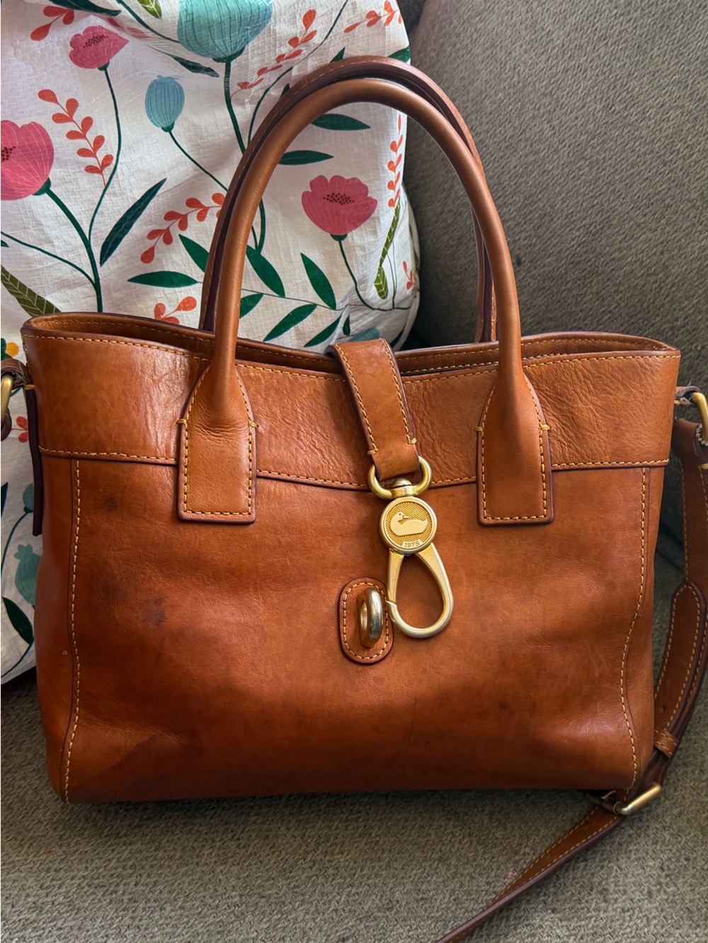 Brown Dooney and Bourke Florentine Amelie satchel with gold tone duck clip